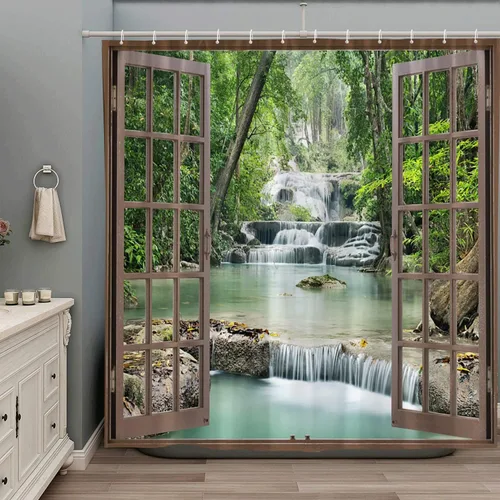 Miniatura 4 de Cortina de ducha con diseño de cascada de bosque, primavera, naturaleza, paisaje, verde, tropical, selva, selva, río, piedra, paisaje, juego
