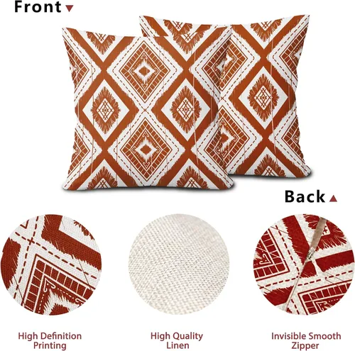 Miniatura 5 de Juego de 2 fundas de almohada geométricas de color naranja quemado de 18 x 18 pulgadas con diamantes Ikat de color marfil óxido, estilo bohemio