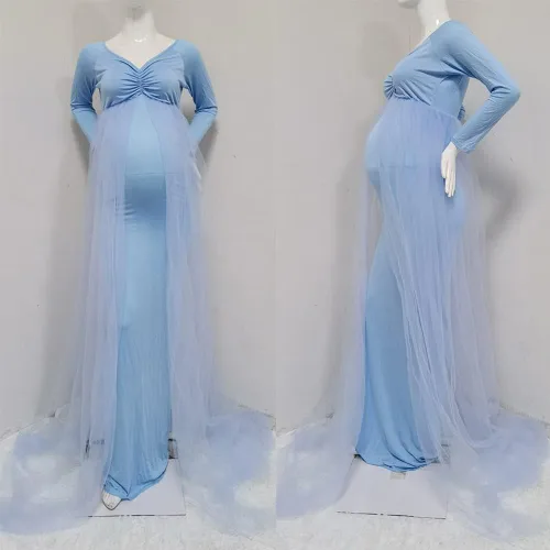 Miniatura 6 de ZIUMUDY Vestido de maternidad de tul con hombros descubiertos para sesión de fotos, vestido ajustado de manga larga para baby shower