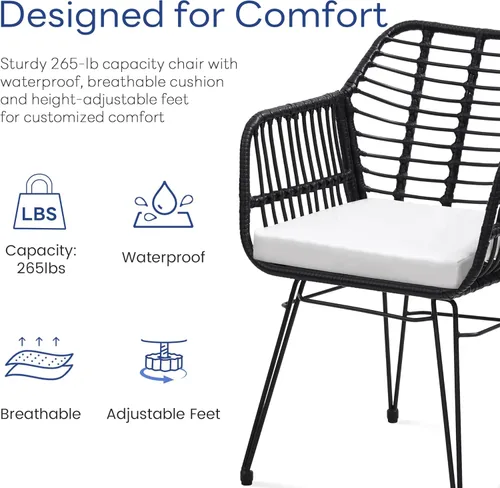 Miniatura 4 de KROFEM - Juego de muebles de ratán para patio de 3 piezas estilo bistró, incluye 2 sillas de ratán y mesa con tapa de vidrio, ideal para porche