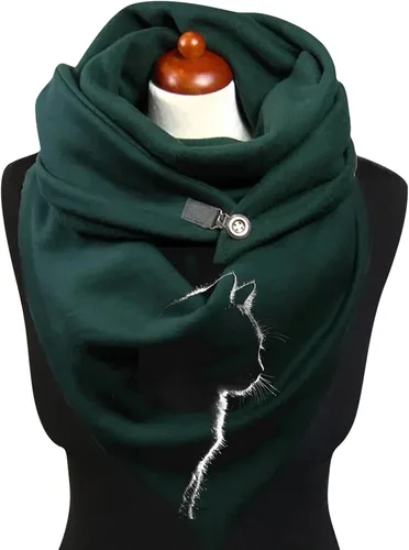 Miniatura 3 de Bufanda cálida para mujer con estampado de gatos cálida resistente al viento con hebilla de doble capa turbante de invierno para mujer verde