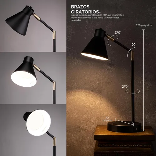 Miniatura 2 de O'Bright Astrum - Lámpara de escritorio LED con puertos de carga USB duales, 100% metálica, brazos giratorios de 270 grados, luz blanca suave Negro