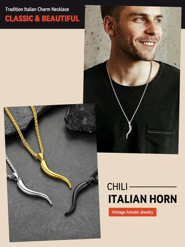 Miniatura 3 de FaithHeart Collar con colgante de cuerno italiano para mujeres y hombres, chapado en platanegrooro, acero inoxidable, collar de cornicello, cadenas