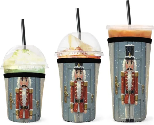 Vintage Nutcracker Reusable Insulated Neoprene Iced Coffee Cup Sleeves 3 Sizes Diving Material Cup Durable Beverage Covers for Cold Coffee Tea Drinks
