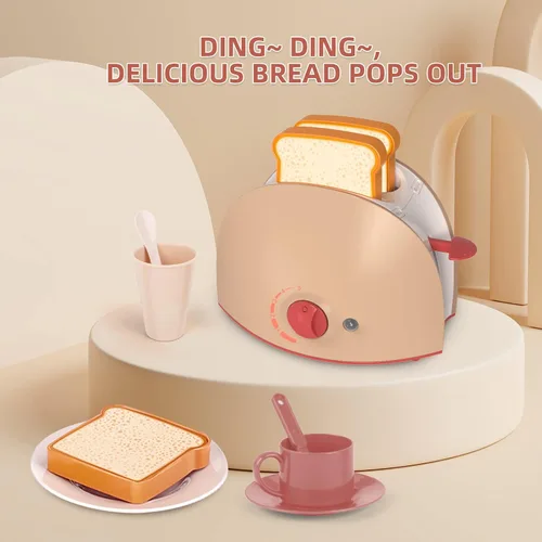 Miniatura 7 de Yalujumb Juego de juguetes de cocina, juego de electrodomésticos de cocina con cafetera, mezclador, tostadora con luces y sonidos realistas, regalo