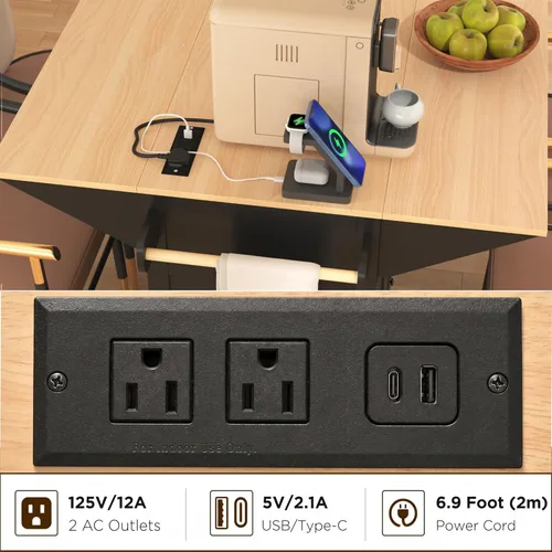 Miniatura 4 de Isla de cocina de 2 hojas caídas sobre ruedas, carrito de cocina rodante con tomas de corriente, mesa de isla de cocina con 2 gabinetes