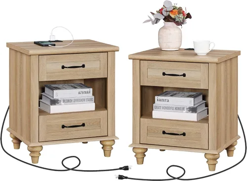 Miniatura 10 de WAMPAT Mesita de noche con estación de carga y 2 cajones, mesa auxiliar de granja para sala de estar, mesita de noche retro de madera clara
