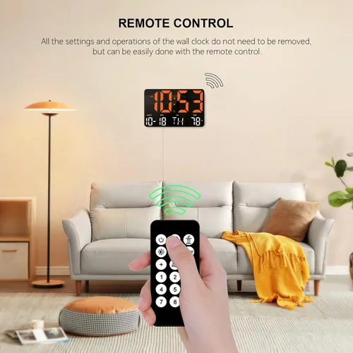 Miniatura 4 de Hournor Reloj de pared digital con control remoto, reloj digital, reloj LED de pantalla grande, relojes de pared grandes, color naranja