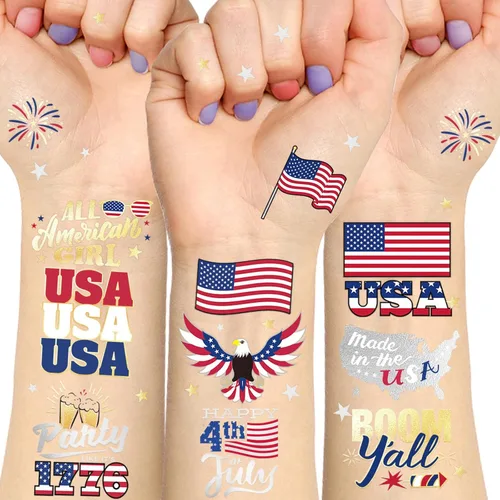Decoraciones del 4 de julio, tatuajes temporales de Estados Unidos Giltter, bandera de Estados Unidos, Let's get LIT All American Girl