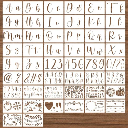 Miniatura 9 de BAMIDELE Plantillas de letras para pintar sobre madera, 50 piezas de plantillas de dibujo del alfabeto de caligrafía con números, signos, flores