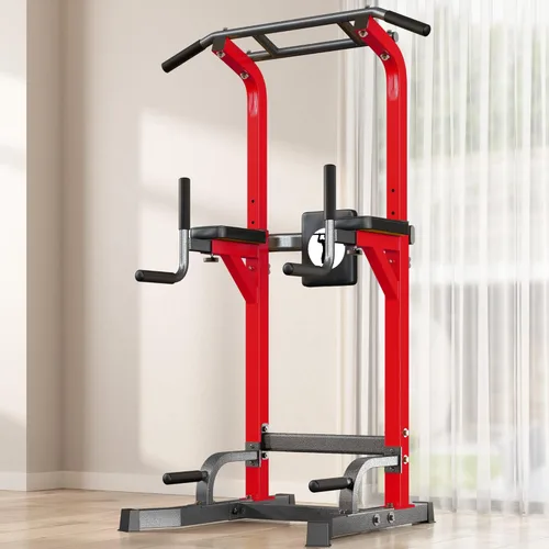 SogesPower Power Tower - Barra de dominadas multifunción para gimnasio en casa, altura ajustable, barra de inmersión, equipo de entrenamiento de Rojo