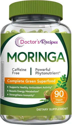 Doctor's Recipes Moringa 11,000 mg de potencia, superalimento verde completo, apoyo natural antioxidante, sin OMG, 90 cápsulas veganas, sin cafeína,