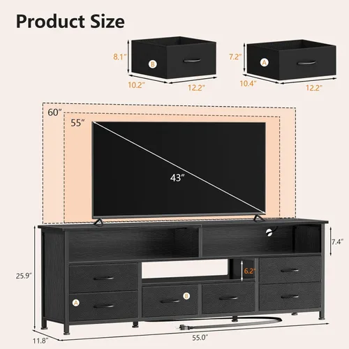 Miniatura 2 de Furologee Soporte de TV LED de 55 pulgadas para dormitorio, centro de entretenimiento con 6 cajones de tela para televisores de 50, 55, 60 pulgadas