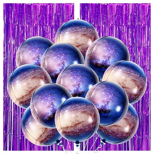KatchOn, Cortina de flecos de papel de aluminio de color morado, 8 x 6.4 pies, paquete de 14 unidades, globos espaciales, serpentinas moradas,