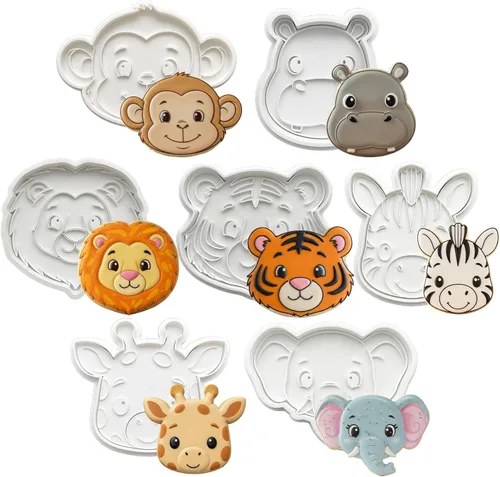 Miniatura 11 de Juego de 8 cortadores de galletas de animales con mango de sello 3D, diseño de selva para cocina, formas de pastel de ácido poliláctico