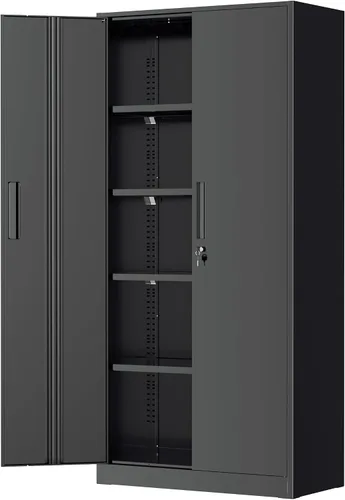 Miniatura 34 de Greenvelly Armarios de almacenamiento de metal de 72 pulgadas, gabinete de almacenamiento de acero negro para garaje con puertas y estantes