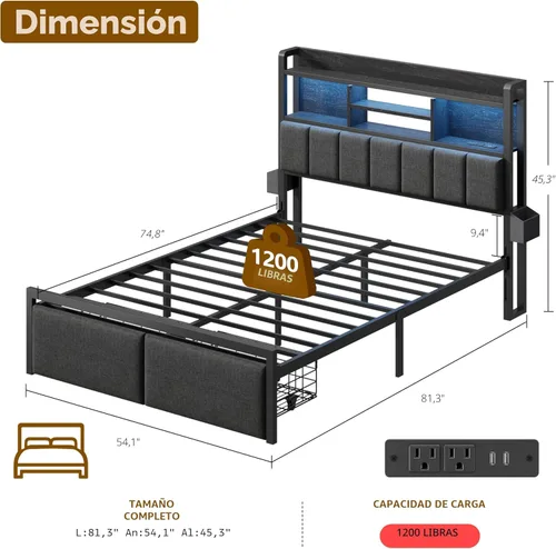 Miniatura 2 de Furnulem Marco de Cama Tamaño Full con Cabecera Tapizada, Marco de Cama Full con Cajones de Almacenamiento, Estación de Carga y Luces LED