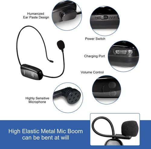 Miniatura 3 de Auriculares inalámbricos UHF con micrófono: Sistema de micrófono de cabeza inalámbrico, micrófonos con carga USB-C, rango de 164 pies