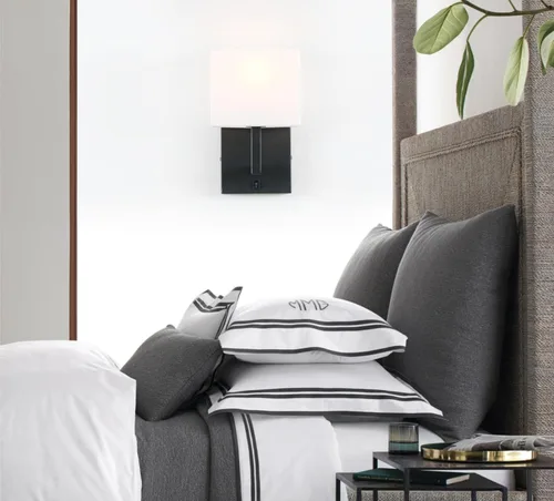 Miniatura 3 de PERMO Aplique de una sola pared con acabado negro con pantallas textiles blancas y botón de interruptor de encendido/apagado, pequeñas lámparas