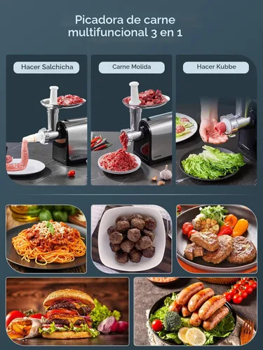 Miniatura 3 de Picadora de carne eléctrica, relleno de salchichas con 3 tubos de salchicha, 2 cuchillas, 3 placas, 3200W máx, picadora de carne de alta resistencia