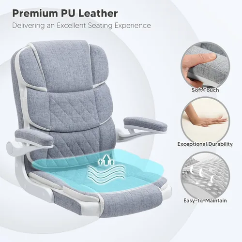 Miniatura 6 de SEATZONE Silla de escritorio de oficina cómoda con reposabrazos abatibles, cómoda silla de escritorio ejecutiva de lino con respaldo medio, altura