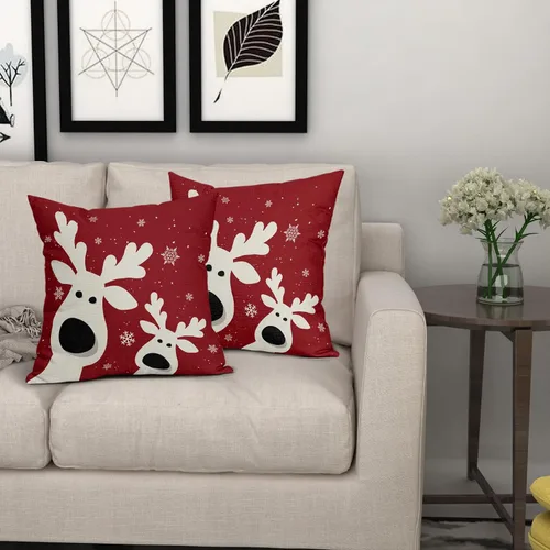 Miniatura 7 de Juego de 2 fundas de almohada de Navidad con ciervos de 18 x 18 pulgadas, diseño de reno rojo con copos de nieve y renos, para decoración del hogar