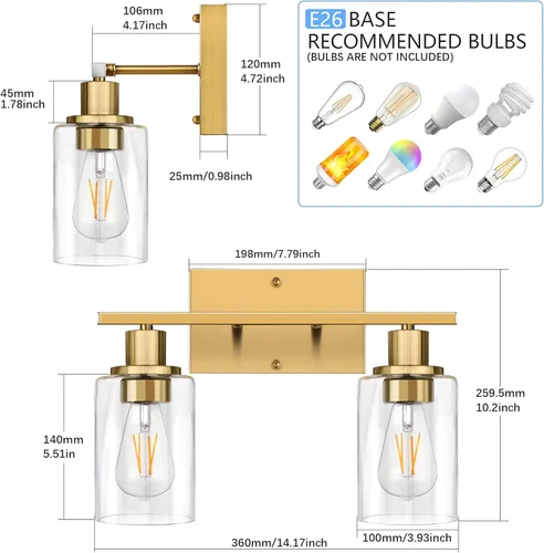 Miniatura 3 de ShineTech 2 luces de tocador doradas para baño, iluminación de pared moderna con vidrio transparente, luz de aplique de latón cepillado para espejo