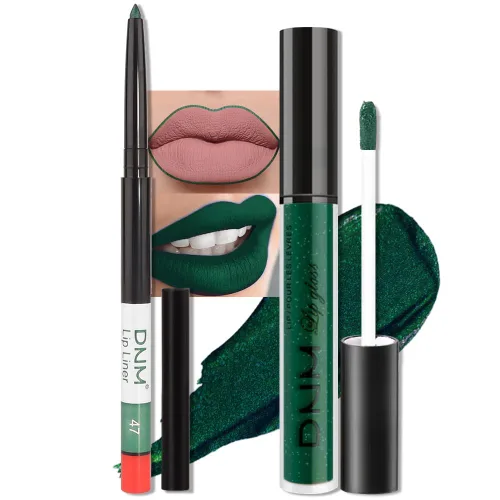 evpct 2 Piezas Lápiz Labial Líquido Verde Esmeralda con Brillo Glitter, Brillo Labial Tinte y Delineador de Labios Retráctil, Set de Maquillaje para