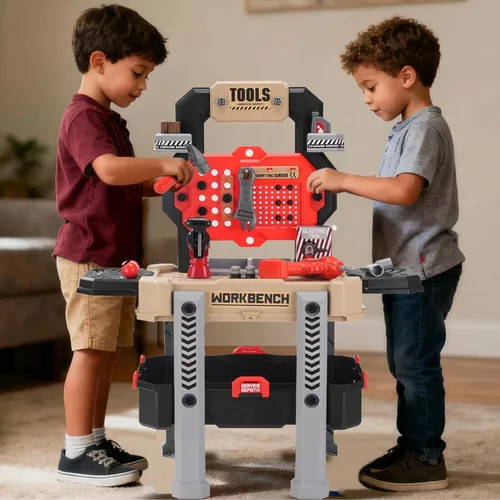 Miniatura 9 de REXBETI Banco de trabajo para niños con taladro eléctrico realista y caja de herramientas, kits de construcción de banco de trabajo para niños