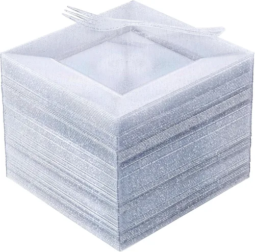 Miniatura 16 de DaYammi 200 platos de postre dorados, incluyendo 100 platos de aperitivo de 6 pulgadas, 100 tenedores de plástico de 5.7 pulgadas, platos cuadrados