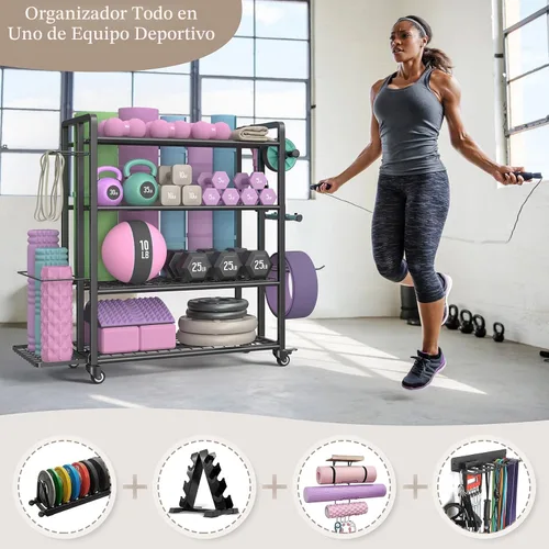Miniatura 8 de 4-Tier Dumbbell Rack Stand Only, Adjustable Weight Rack for Dumbbells Kettlebells Yoga Mat, Home Gym Storage Rack with Wheels and Hooks, Powder
