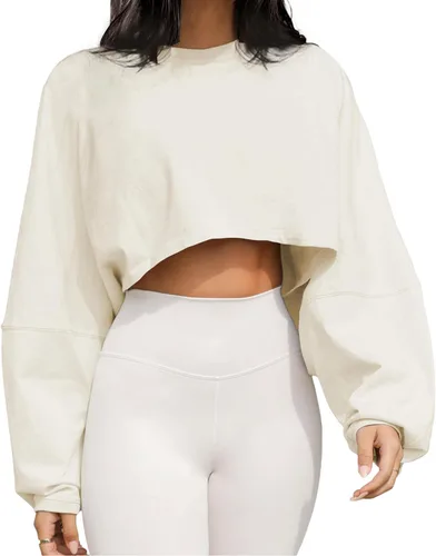 Meladyan Camiseta corta de manga larga con cuello redondo para mujer, sudadera casual de color liso, ajuste holgado, camiseta recortada para