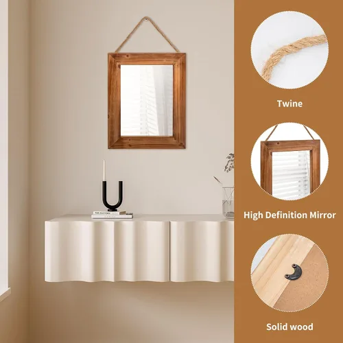 Miniatura 3 de OKSQW Espejo de pared de granja, espejo rectangular de madera rústica marrón, marco de madera decorativa de 16 x 12 pulgadas, con espejo y cuerda