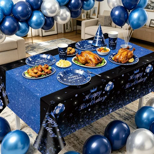 Miniatura 6 de 4 Pcs Happy Birthday Black and Blue Party Tablecloths - Blue Black Party Decorations Plastic Tablecloth Rectangular Table Covers for Boy Girl Baby