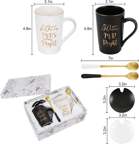 Miniatura 6 de YHRJWN - Regalos de 50 Aniversario de Boda, Set de Tazas de 50 Años de Ser el Sr. y la Sra. Siempre Correctos, Ideas de Regalos de Boda para Padres