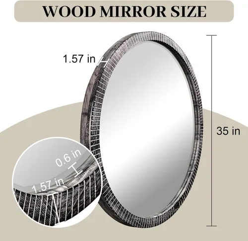 Miniatura 3 de Espejo redondo de madera de 35 pulgadas, espejo de pared circular rústico con biselado, espejos redondos de madera para decoración de pared, espejos