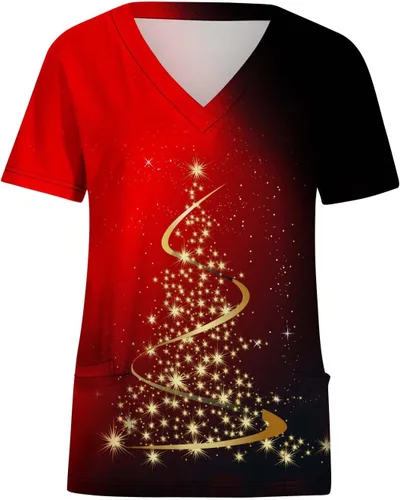 Miniatura 5 de Womens Christmas Tree Scrubs Tops Holiday Printed Christmas Fun Tshirt Uniform Tops V Neck Short Sleeve Nursing Tops