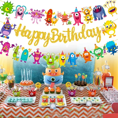Miniatura 6 de Cartel de monstruo de feliz cumpleaños, suministros de fiesta de cumpleaños con purpurina para niños, tema de monstruo pequeño, baby shower