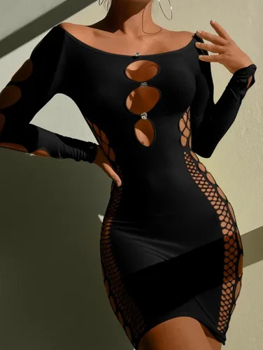 Miniatura 5 de ZileZile Minivestido sexy de malla con hombros descubiertos para mujer
