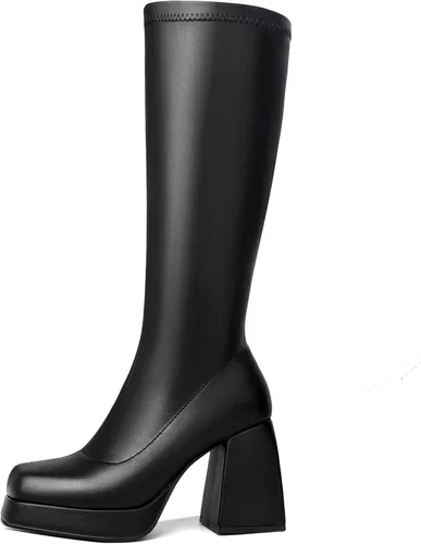 Miniatura 2 de HEIFIN Gogo - Botas de plataforma para mujer, con punta cuadrada, botas altas hasta la rodilla, botas altas negras con cremallera