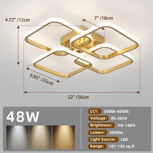 Miniatura 5 de CANEOE Lámpara de techo LED dorada moderna de 4 cuadrados, regulable, control remoto, montaje empotrado cuadrado, iluminación