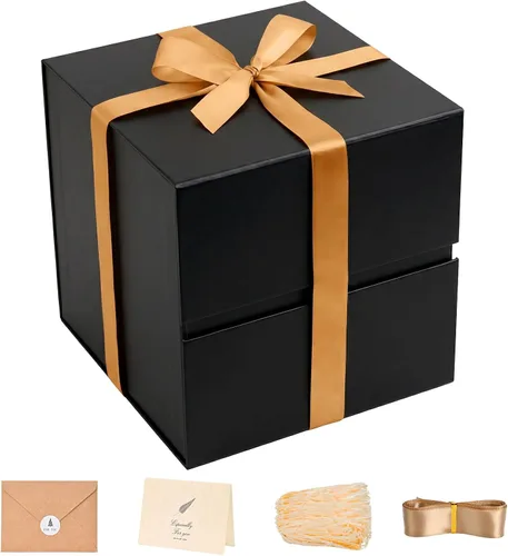 LIFELUM Square Gift Box with Magnetic Lid, Card, Sticker, Ribbon, Shredded Paper Filler for Business, Wedding, Birthdays (Black, square - 10.2 inch,