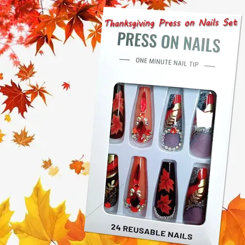 Miniatura 5 de 24 uñas postizas largas a presión con diseño de ataúd con diamantes de imitación, uñas postizas de cobertura completa, uñas postizas de otoño