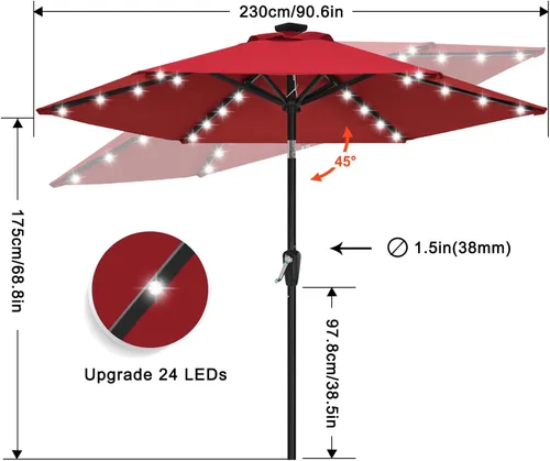 Miniatura 3 de ABCCANOPY Sombrillas solares duraderas para patio con 24 luces LED de 7.5 pies con 6 varillas resistentes (borgoña)