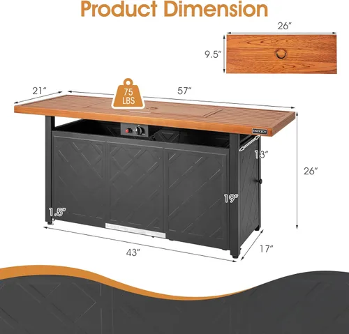 Miniatura 5 de Tangkula Patiojoy - Mesa rectangular para fogata de 57 pulgadas, 50.000 BTU para exteriores, mesa rectangular de doble uso con encendido automático