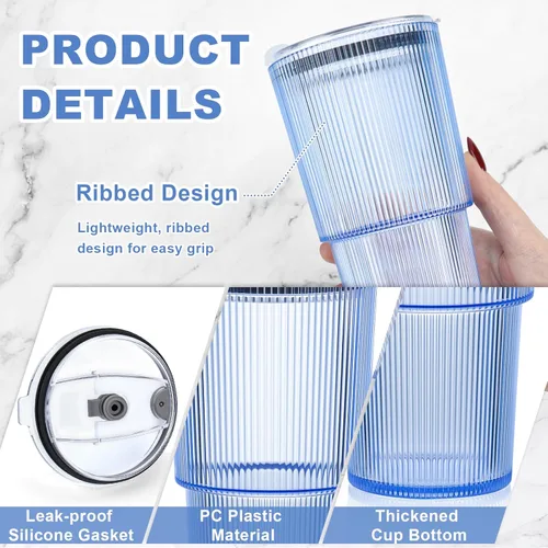Miniatura 4 de 2 Pcs 20oz Plastic Ribbed Tumblers with Lid and Straws Blue Plastic Reusable Iced Coffee Cups with Lid Unbreakable Vintage Ribbed Drinking Glasses