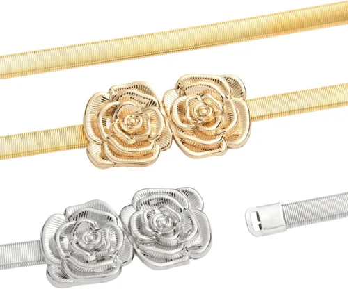 Miniatura 8 de Juvale Cinturones de cintura metálicos elásticos y ajustados, cinturones de metal dorado y plateado de dos tonos para mujer con patrón de hojas