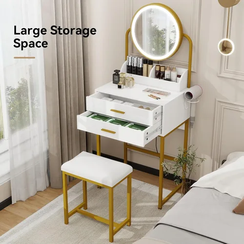 Miniatura 3 de ARTETHYS Escritorio pequeño con espejo y luces, tocador de maquillaje compacto blanco con silla, moderno tocador que ahorra espacio con cajón
