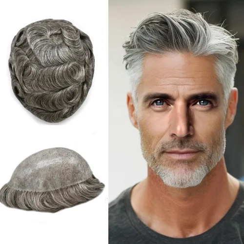 Miniatura 123 de Peluca completa de poliuretano para hombre, sistemas de reemplazo de cabello humano, piel fina y duradera, para hombre, prótesis de cabello