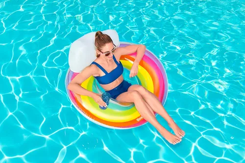 Miniatura 2 de Bestway Anillo de natación grande Flotador inflable de piscina de 42 pulgadas con reposacabezas y soporte para tazas, diseño de arcoíris